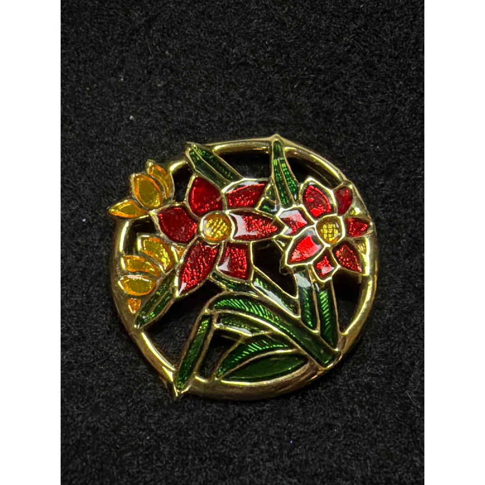 Vintage Gold Tone Red and Yellow Enamel Floral‎ Round Brooch Pin 1.25 Inch